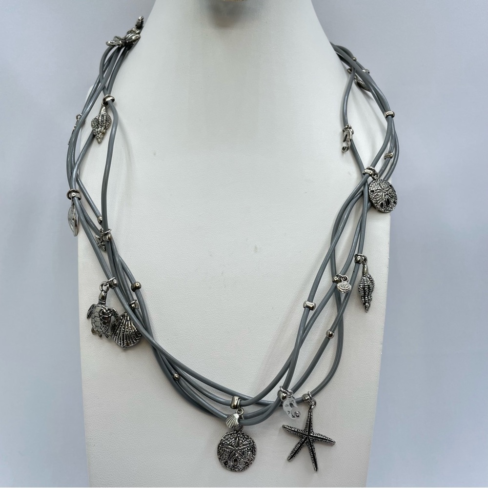 Cookie Lee Sea Life Charm Necklace Multi Strand Gray Cord Coastal Boho